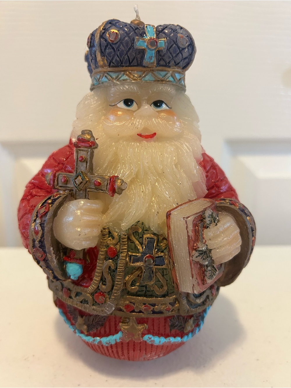 Holiday Santa Candle Figurine in Red, Blue and Gold